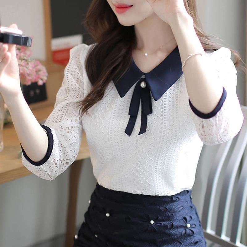 Thumbnail: Women's Spring Autumn Style Lace Blouses Shirt Women Peter Pan Collar Solid Colo