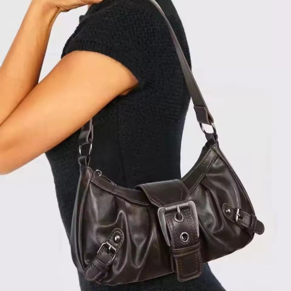 Shoulder Bags Y2K Retro Style Shoulder Bag, Maillard Pleated Rivet Armpit Bag, F
