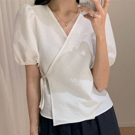 Thumbnail: Blouses Women Summer Korean Style V-neck Design Simple Puff Sleeve Leisure Lace-