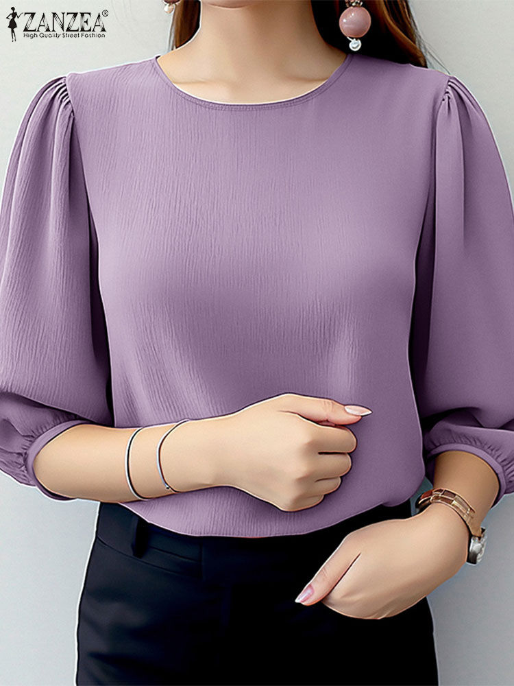 Thumbnail: ZANZEA Women Crinkled Texture Puff Sleeve Blouse, Elegant O Neck 3/4 Sleeve Blus