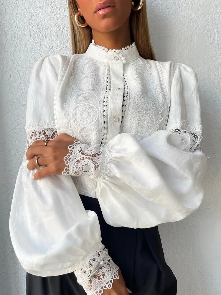 Thumbnail: White Lace Blouses Women Elegant Solid Casual Lace and Button Hook Flower Hollow