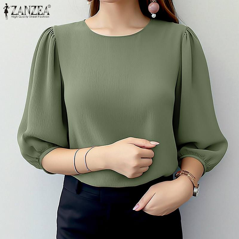 Thumbnail: ZANZEA Women Crinkled Texture Puff Sleeve Blouse, Elegant O Neck 3/4 Sleeve Blus