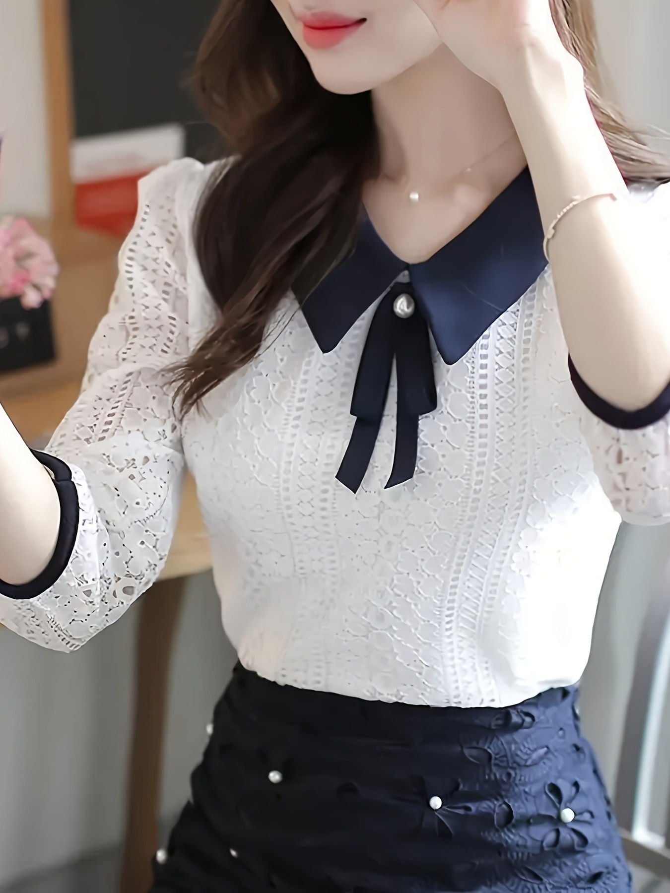 Women's Spring Autumn Style Lace Blouses Shirt Women Peter Pan Collar Solid Colo