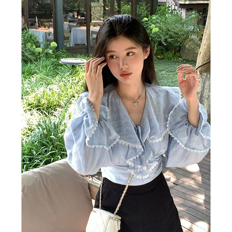 Thumbnail: Ruffles Blouses Women Lace Slim Bandage Sweet Ladies Temperament Princess Flare 