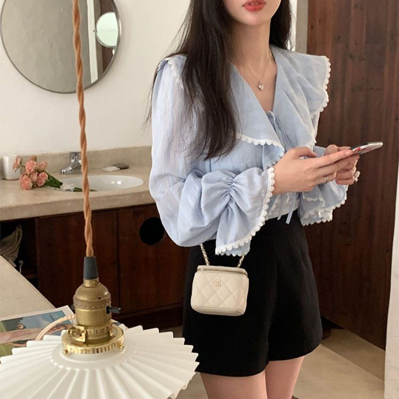 Thumbnail: Ruffles Blouses Women Lace Slim Bandage Sweet Ladies Temperament Princess Flare 