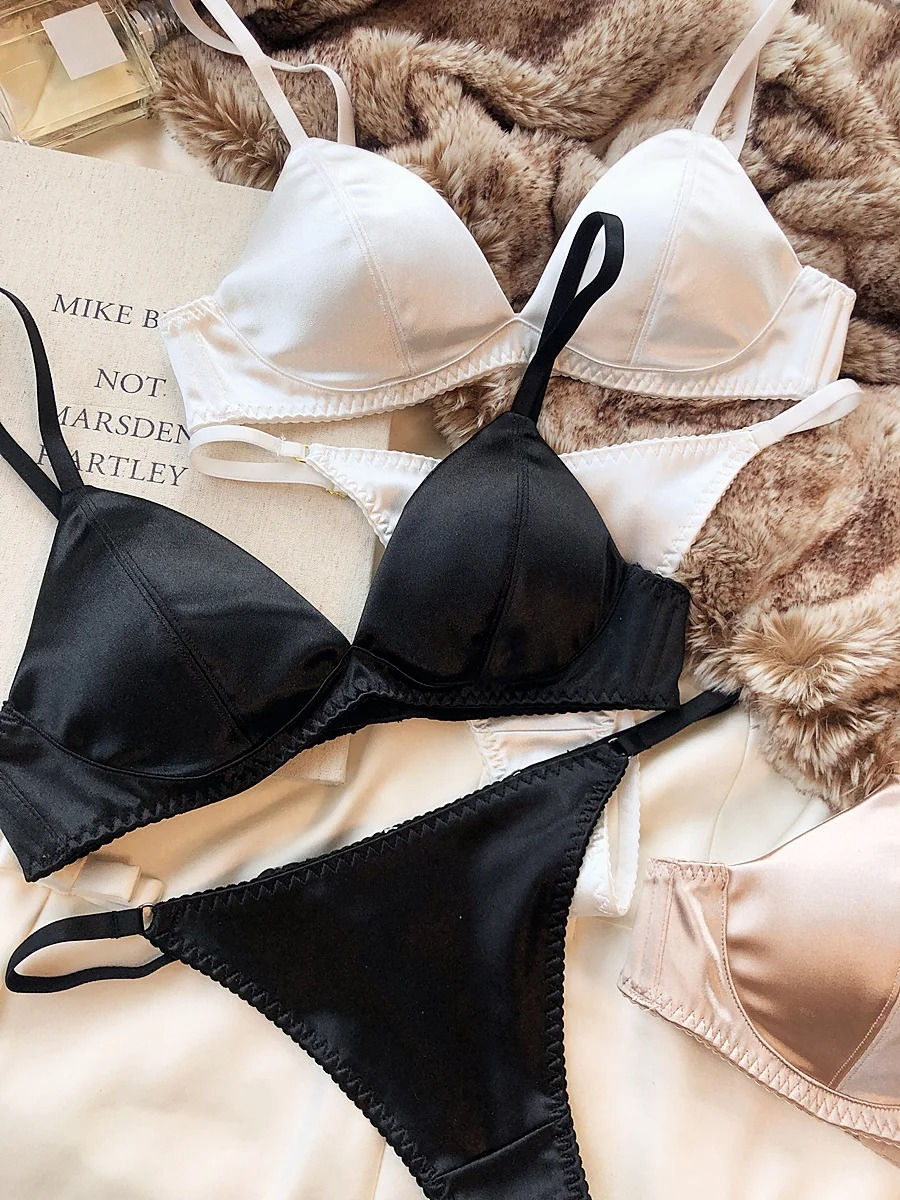 Summer Women Underwear Set Sexy Silken Triangle Cup Wireless Bras French Bralett