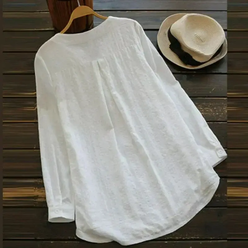 Thumbnail: Embroidery Lace Cotton Linen Casual Women Blouse Fashion Loose White Elegant Shi