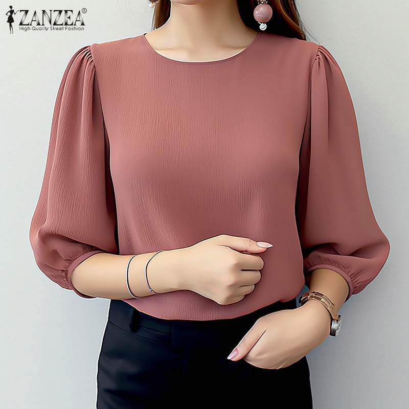 Thumbnail: ZANZEA Women Crinkled Texture Puff Sleeve Blouse, Elegant O Neck 3/4 Sleeve Blus
