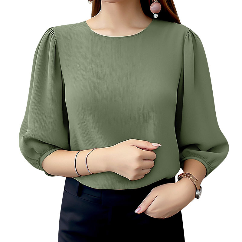 Thumbnail: ZANZEA Women Crinkled Texture Puff Sleeve Blouse, Elegant O Neck 3/4 Sleeve Blus