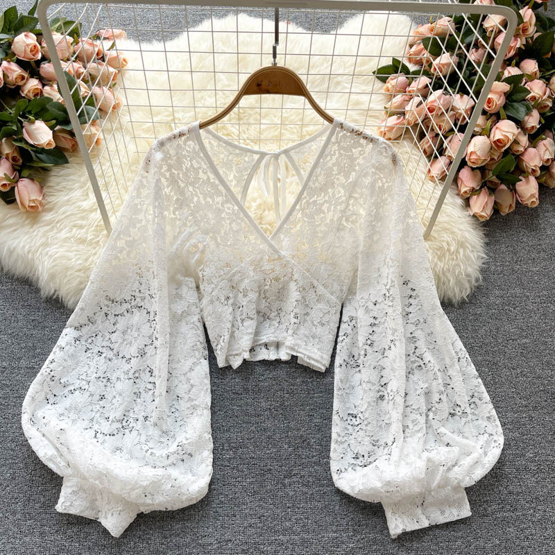 Thumbnail: Autumn Black/White/Brown Sexy Lace Blouse Women Elegant V-Neck Puff Long Sleeve 