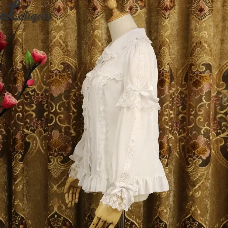 Thumbnail: Ladies Short Sleeve Chiffon Blouse White/Black Lolita Button Down Shirt with Det