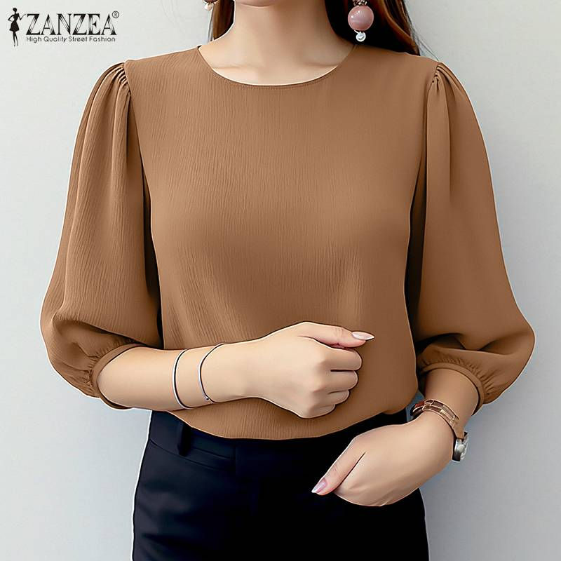 Thumbnail: ZANZEA Women Crinkled Texture Puff Sleeve Blouse, Elegant O Neck 3/4 Sleeve Blus