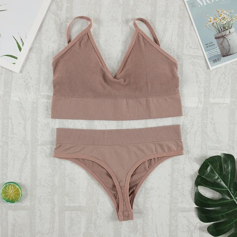 Thumbnail: 2Pcs Bra Set Underwear Set Women Panties Sexy G-String Seamless Bralette Female 