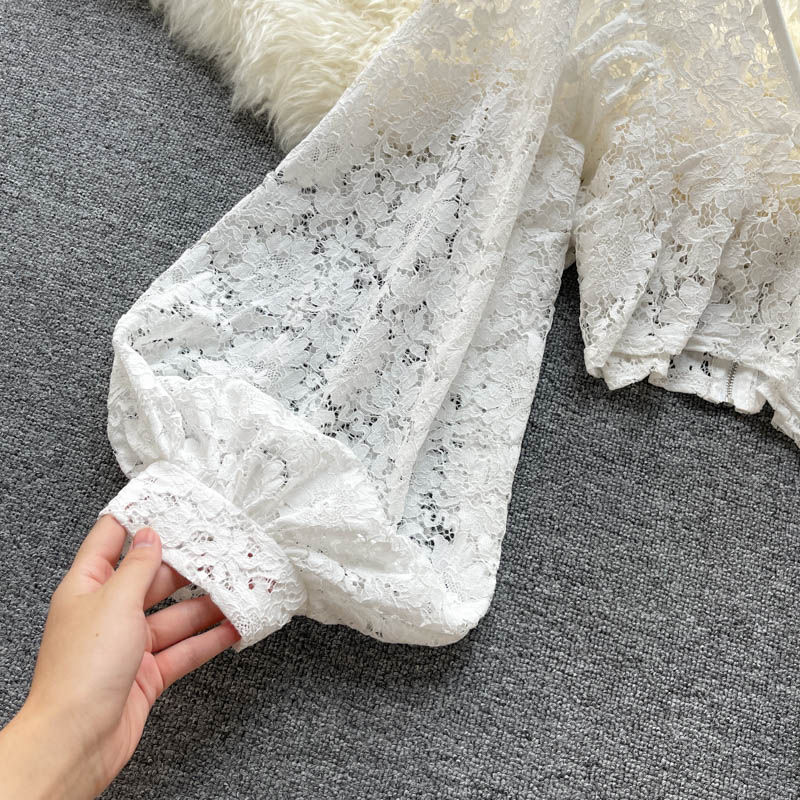 Thumbnail: Autumn Black/White/Brown Sexy Lace Blouse Women Elegant V-Neck Puff Long Sleeve 