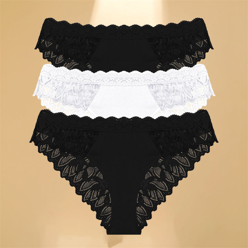 Thumbnail: FINETOO 3Pcs Lace Hollow Out Underwear for Women Sexy Low-Waist Floral Briefs Fe