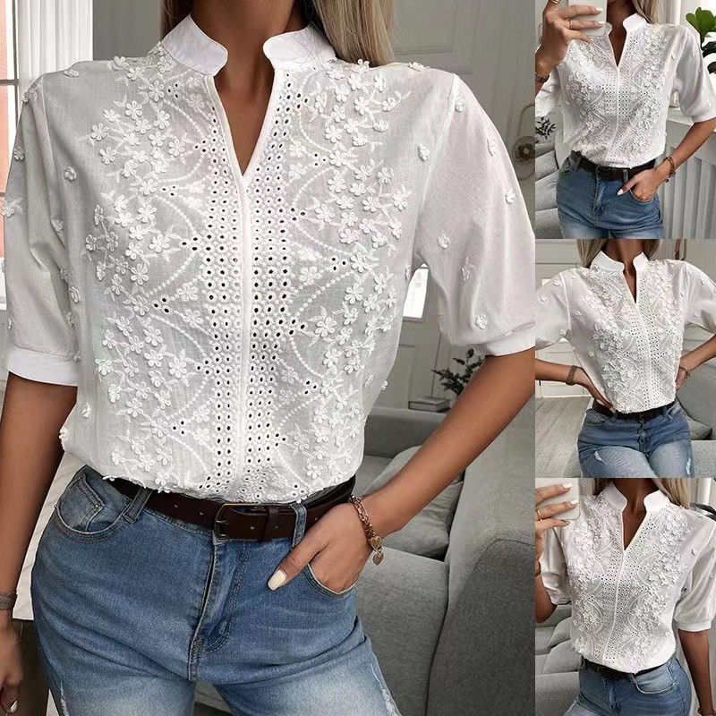 2026 Summer Women's Elegant Short Sleeve White Blouse - Vintage Cotton Crochet H