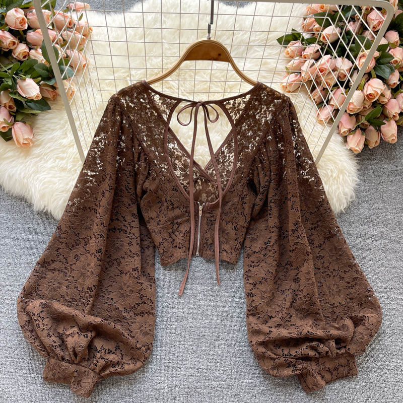 Thumbnail: Autumn Black/White/Brown Sexy Lace Blouse Women Elegant V-Neck Puff Long Sleeve 