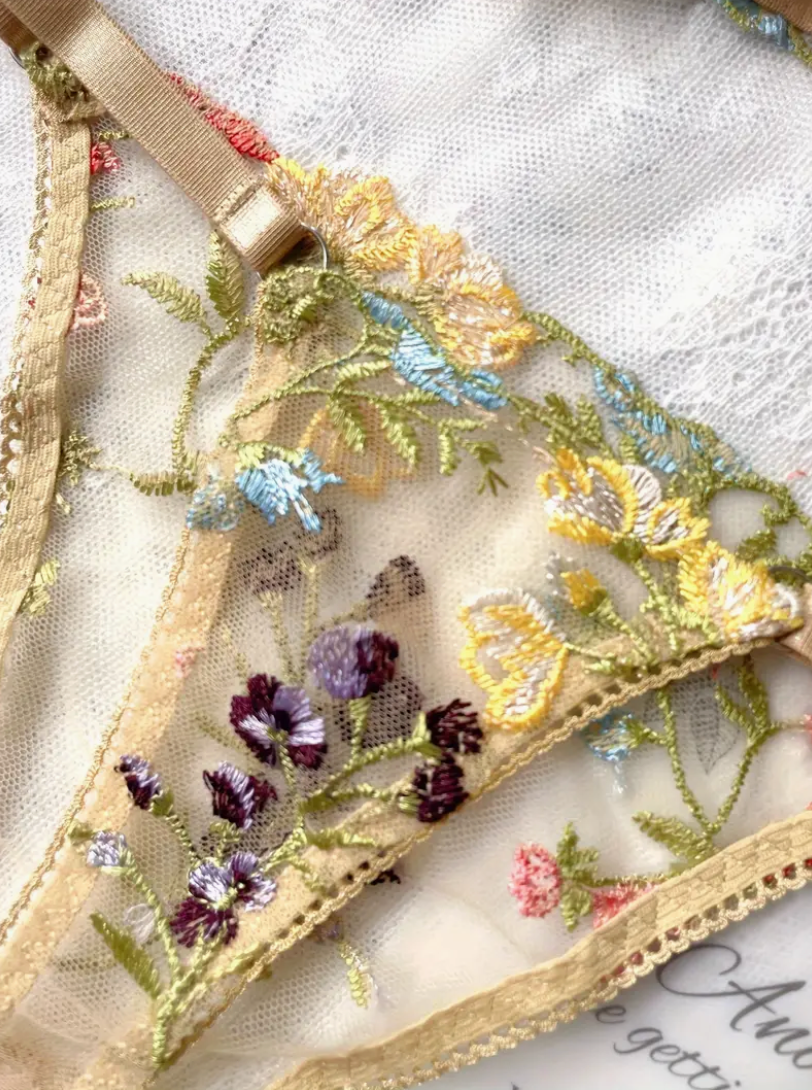 Thumbnail: Floral Embroidery Lingerie Set, Sheer Unlined Bra & Mesh Thong