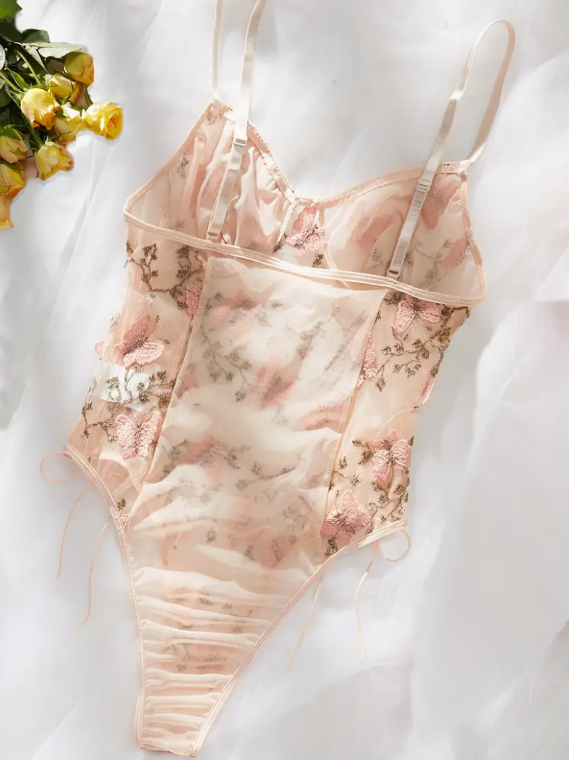 Thumbnail: Elegant PinkCream Butterfly Embroidered Mesh Teddy Bodysuit - Criss Cross Straps
