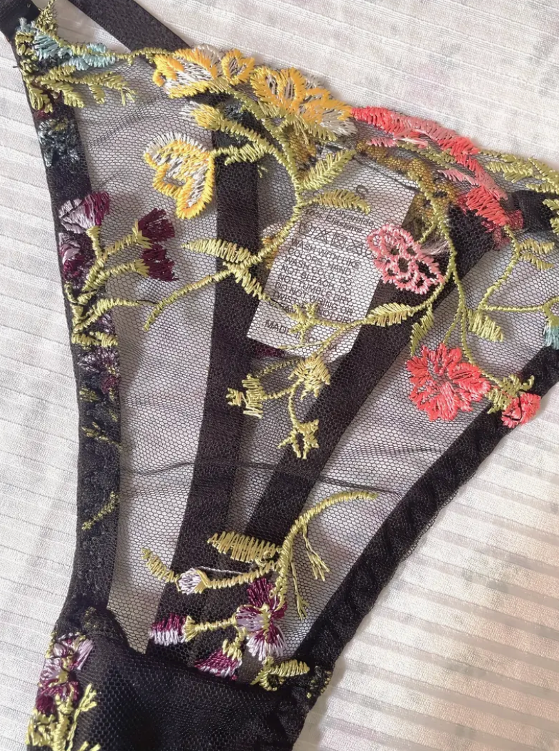Thumbnail: Floral Embroidery Lingerie Set, Sheer Unlined Bra & Mesh Thong