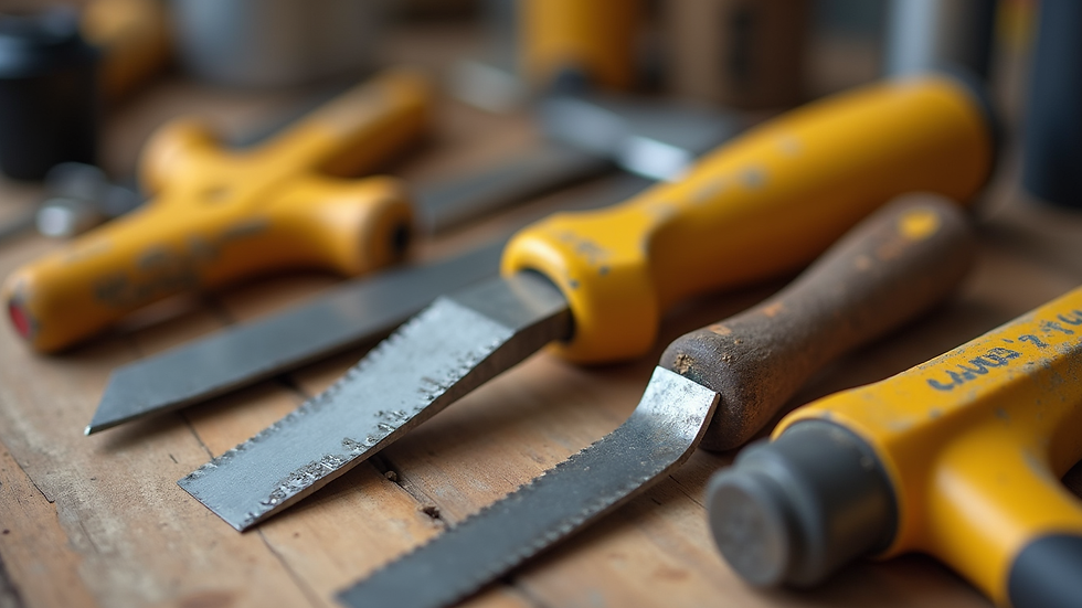 Close-up view of a variety of construction tools on a wooden surface