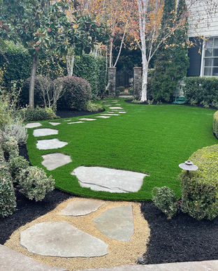 Front yard synthetic turf installation with stone path walkway, and landscaped garden border.