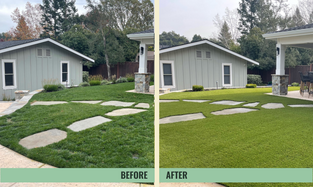 Before and after comparison of yard transformed with synthetic turf installation.