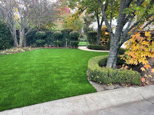 Front yard landscaping with synthetic turf installation and low-maintenance design.