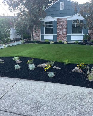 Front yard synthetic turf installation with garden border.
