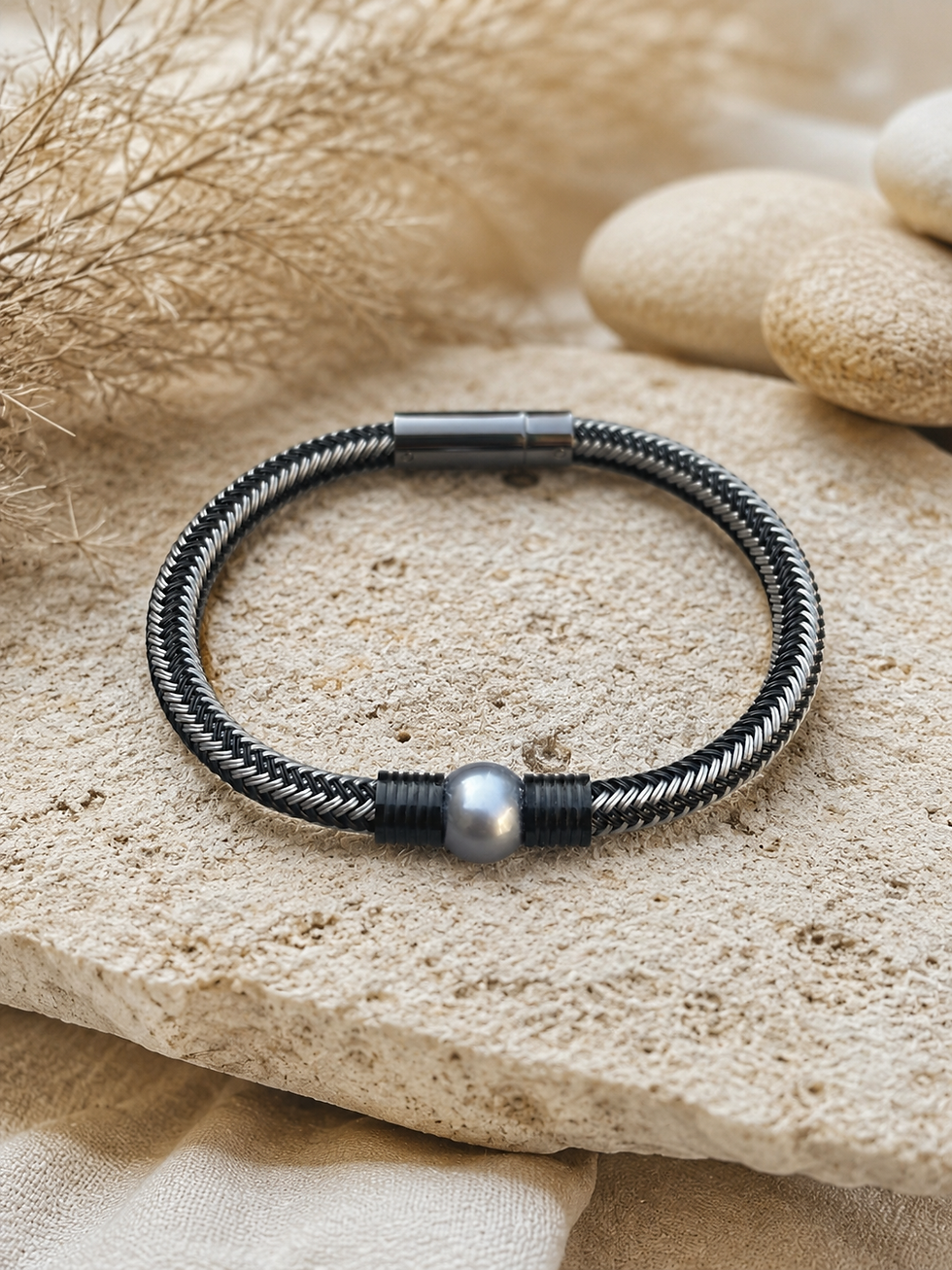 Bracelet perles de Tahiti acier homme shamani