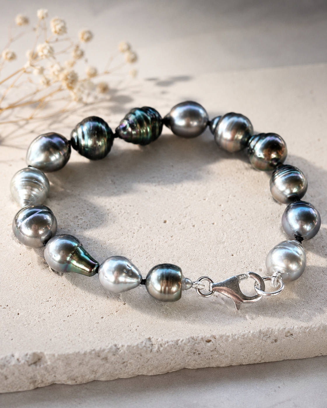 Bracelet en véritables perles de culture de Tahiti cerclées 8-10mm argent 925