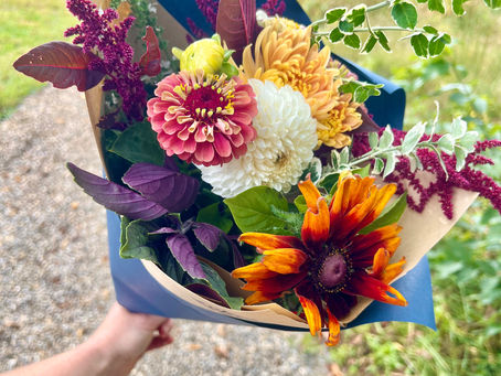 Bouquet of zinnias, dahlias, mums, amaranth, and rudbeckia wrapped in paper.