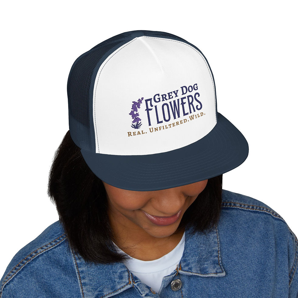 Grey Dog Flowers Trucker Hat – Covered in Dirt? Still Looks Good.