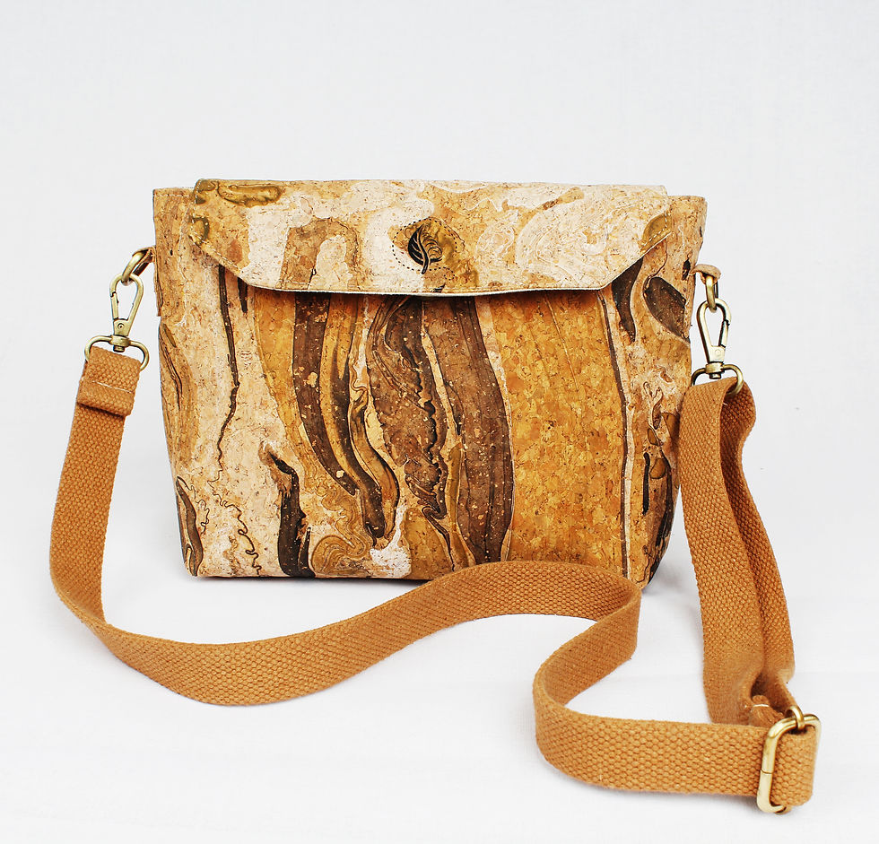 Eye-level view of cork leather bags hanging neatly in a closet