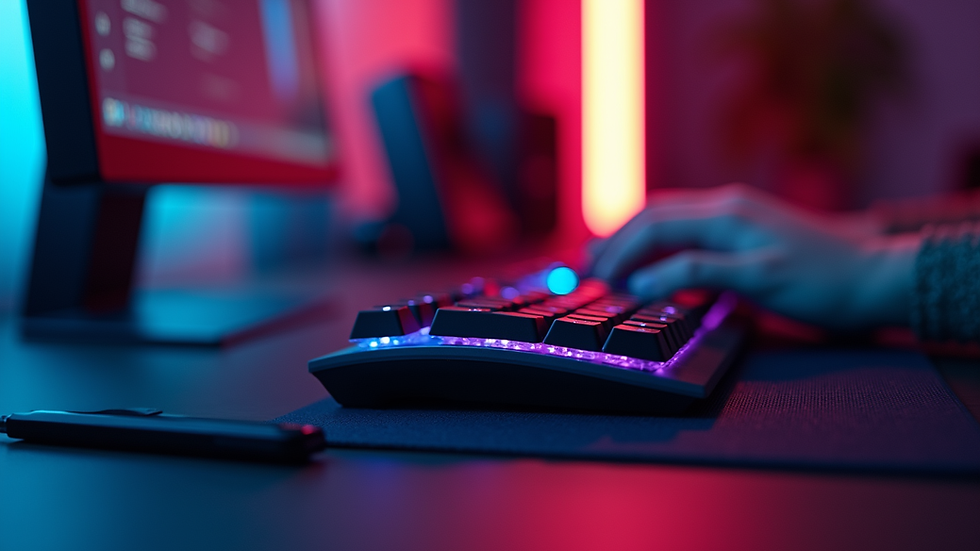 Close-up view of a gaming setup with RGB lighting