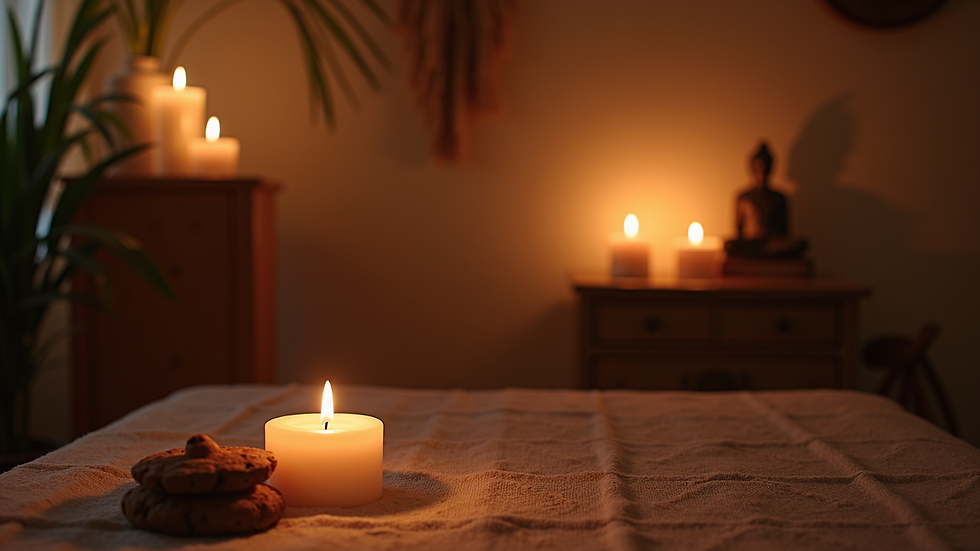 Eye-level view of a cozy room with spiritual decor and candles
