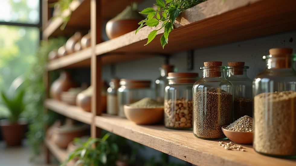 Close-up view of natural herbal products on wooden shelves