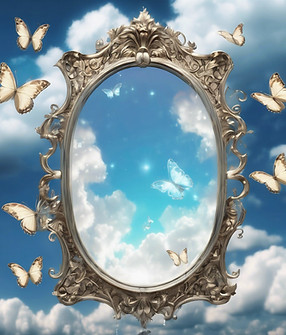 a magic mirror surround by clouds blue skys and bright light with white butterflies .jpg