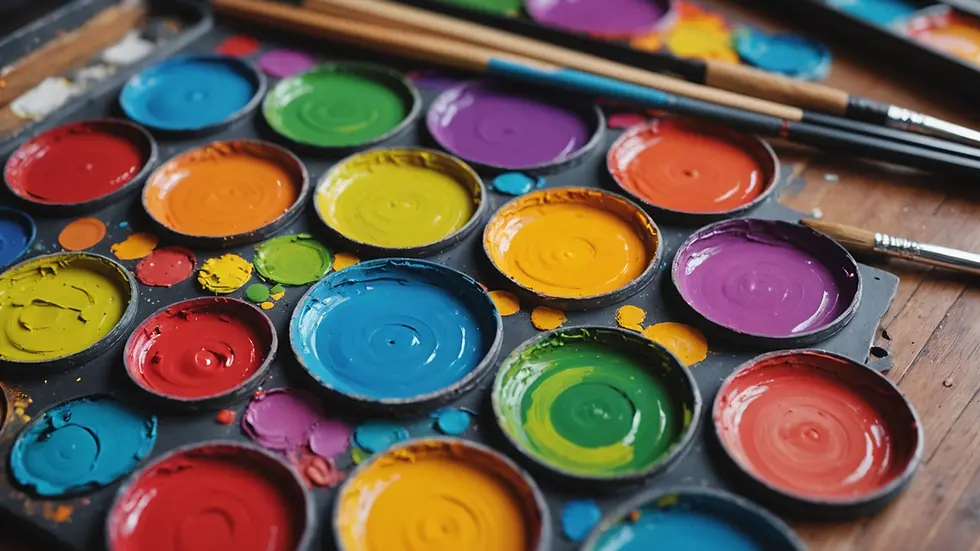 Close-up view of a vibrant art palette with colorful paints