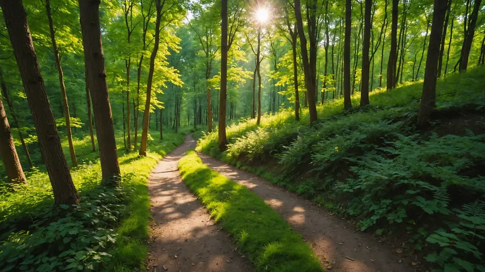 High angle view of a sunlit path through a wooded area