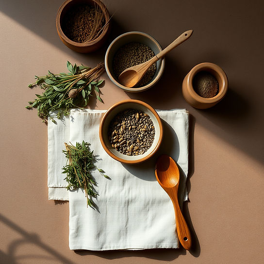 “intentional ritual setup with herbs, ceramic bowl, folded linen, and wooden tools arrange