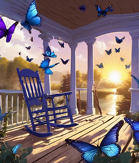 group of blue and purple butterflies migrating to a porch with rocking chairs and sun risi