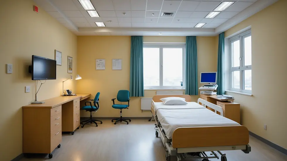 Eye-level view of a serene hospital room with soft lighting