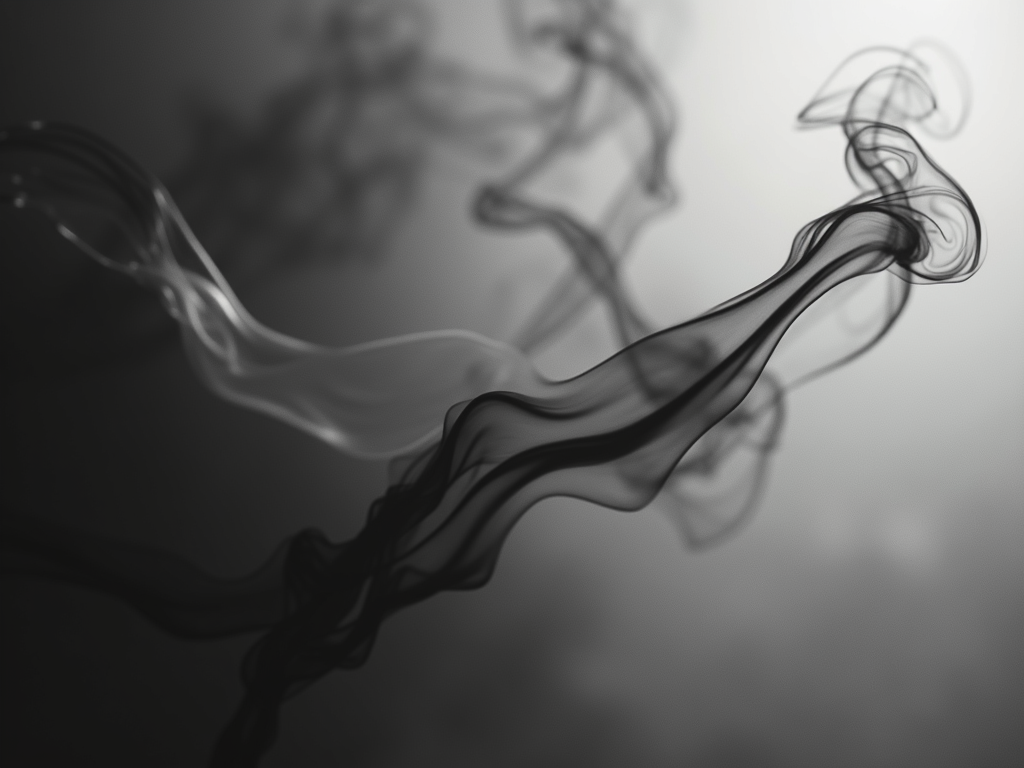 Ethereal ethereal smoke rings intertwining in layers of charcoal and white to represent complex thought processes.