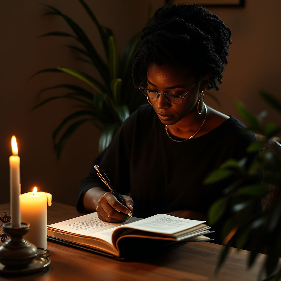 Black woman writing in a journal with candlelight, altar nearby, surrounded by plants, soft shadows, spiritual reflection moment