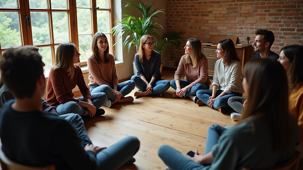 High angle view of a workshop in progress with participants seated in a circle