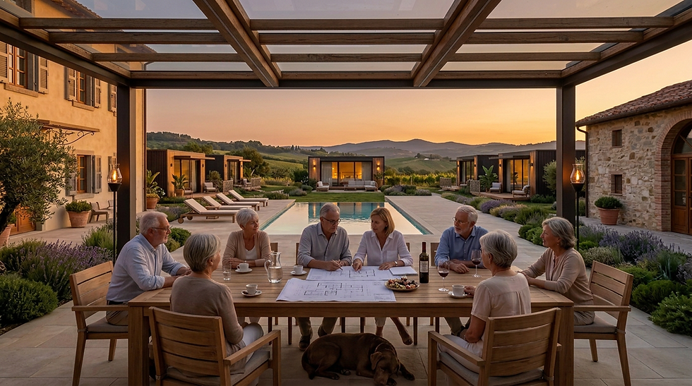 Gemeinsamer Aussenbereich mit Pergola in Abendstimmung