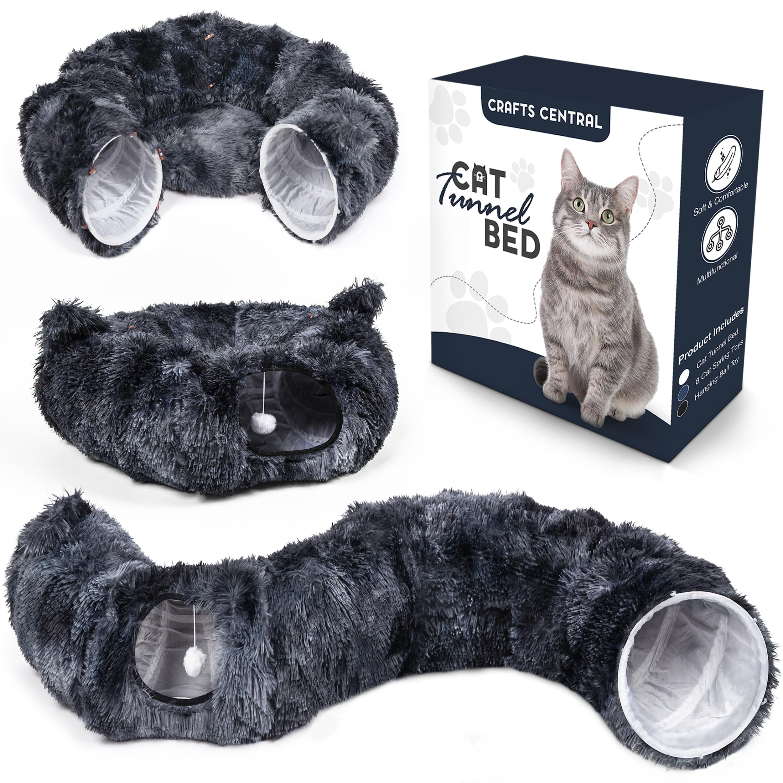 Cat Tunnel Bed with 8 Cat Spring Toys - Furry Cat Tunnel Bed Kitty Ears Design L