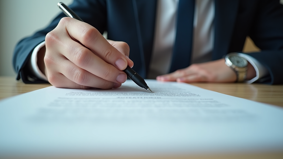 Close-up view of a person reviewing legal documents with a pen