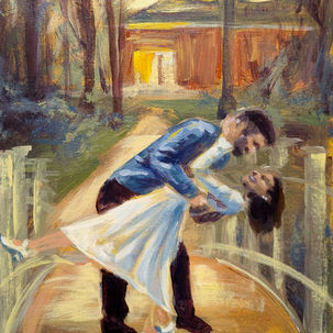 Live painting of a couple dancing on a bridge